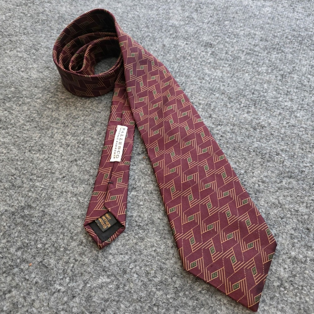 Vintage Dark Academia Burgundy Geometric Silk Necktie By Hart Schaffner Marx OS